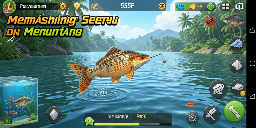 Screenshot gameplay 555F menampilkan aksi memancing yang seru.