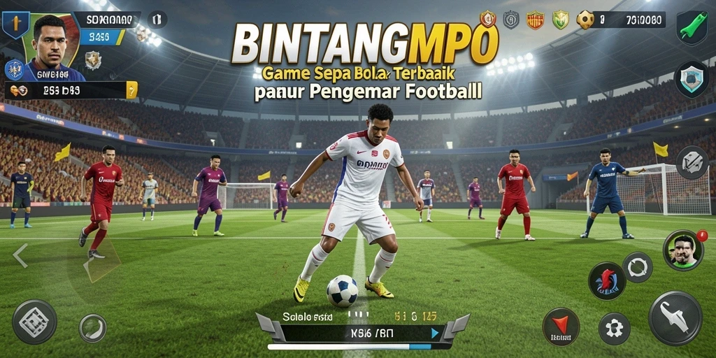 Screenshot gameplay BINTANGMPO menunjukkan aksi sepak bola yang intens.