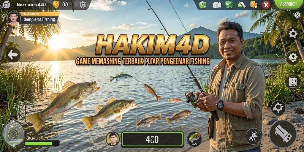 Tampilan gameplay HAKIM4D yang menampilkan keseruan memancing di berbagai lokasi.