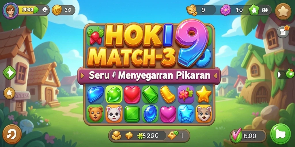 Tampilan gameplay HOKI9 dengan objek berwarna-warni dalam permainan Match-3.