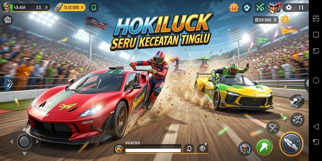 Screenshot gameplay HOKILUCK menunjukkan mobil balap melaju kencang di lintasan.