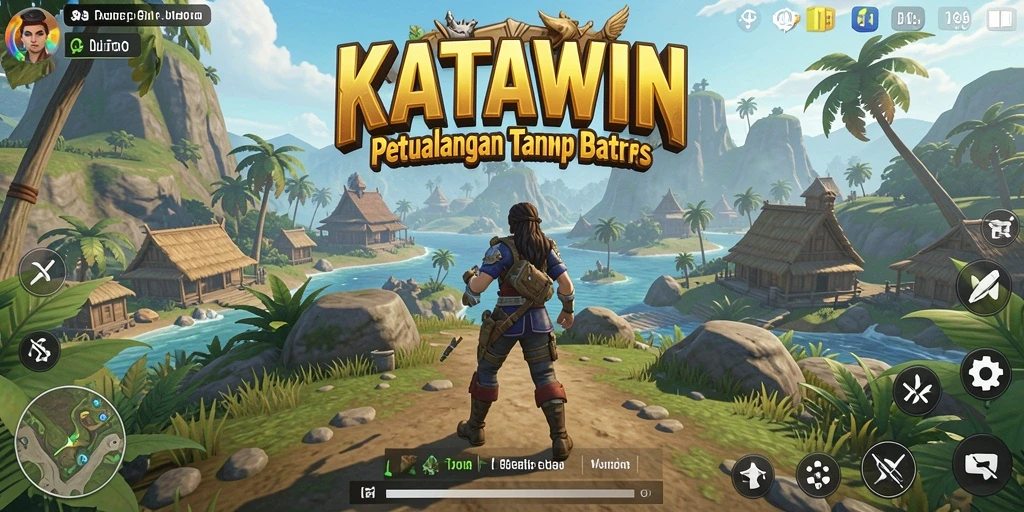 Tampilan gameplay KATAWIN saat menjelajahi dunia terbuka yang luas dan berwarna.
