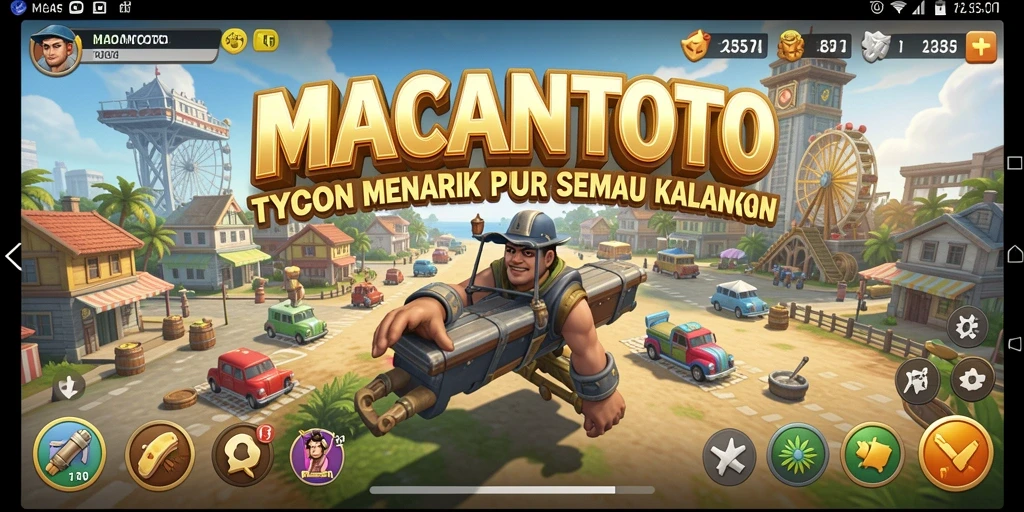 Screenshot gameplay MACANTOTO menampilkan suasana bisnis yang dinamis.