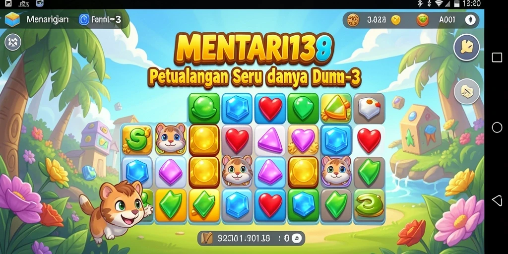 Tampilan gameplay <strong>MENTARI138</strong> yang penuh warna dan ceria dengan fitur match-3.