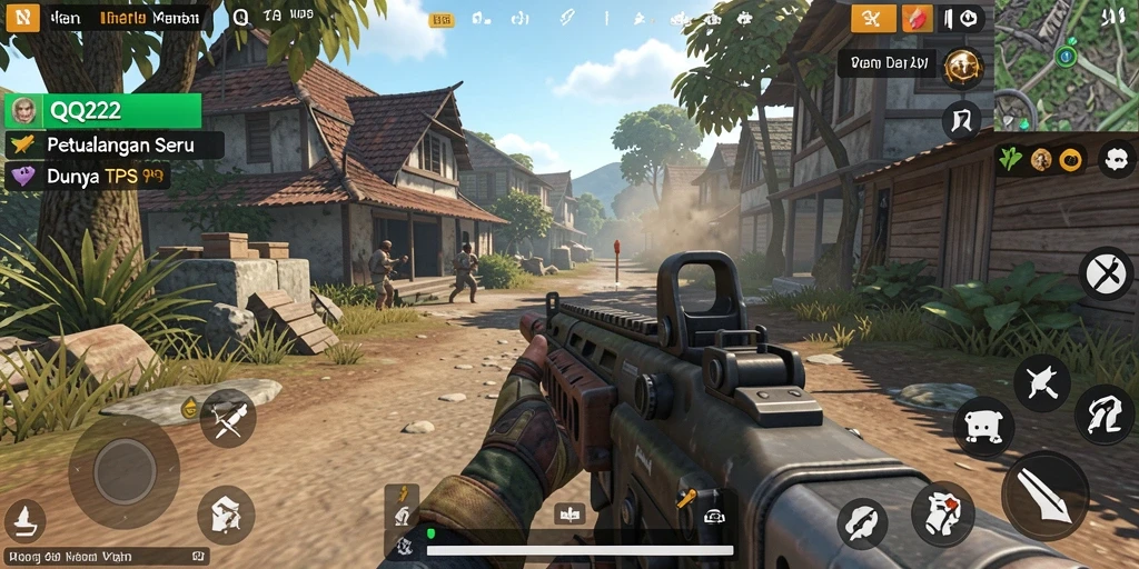 Screenshot gameplay QQ222 menampilkan aksi seru dalam pertempuran TPS.