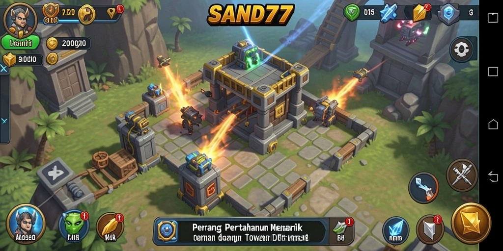 Tangkapan layar dari gameplay <strong>SAND77</strong> menampilkan aksi pertahanan yang mendebarkan.
