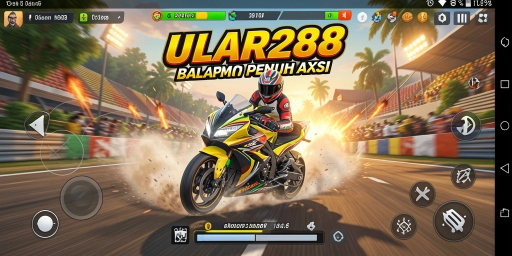 Screenshot gameplay ULAR288 dengan motor balap yang cepat dan trek menantang.